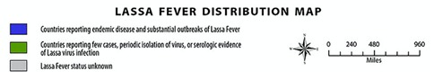 Legenda distribuzione geografica febbre di Lassa